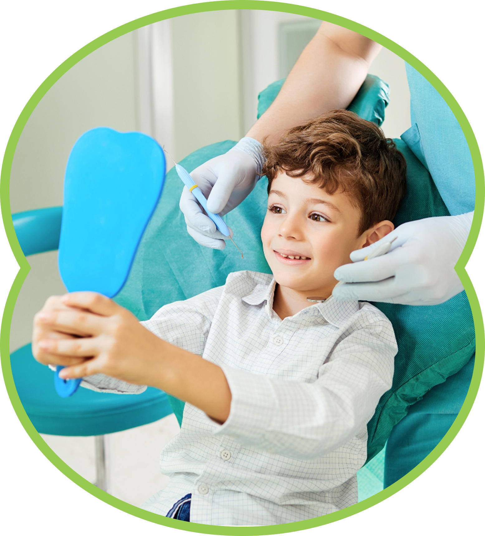 Girl at dentist, mouth open, receiving dental check-up with tools, blue gloves, white coat, close-up.