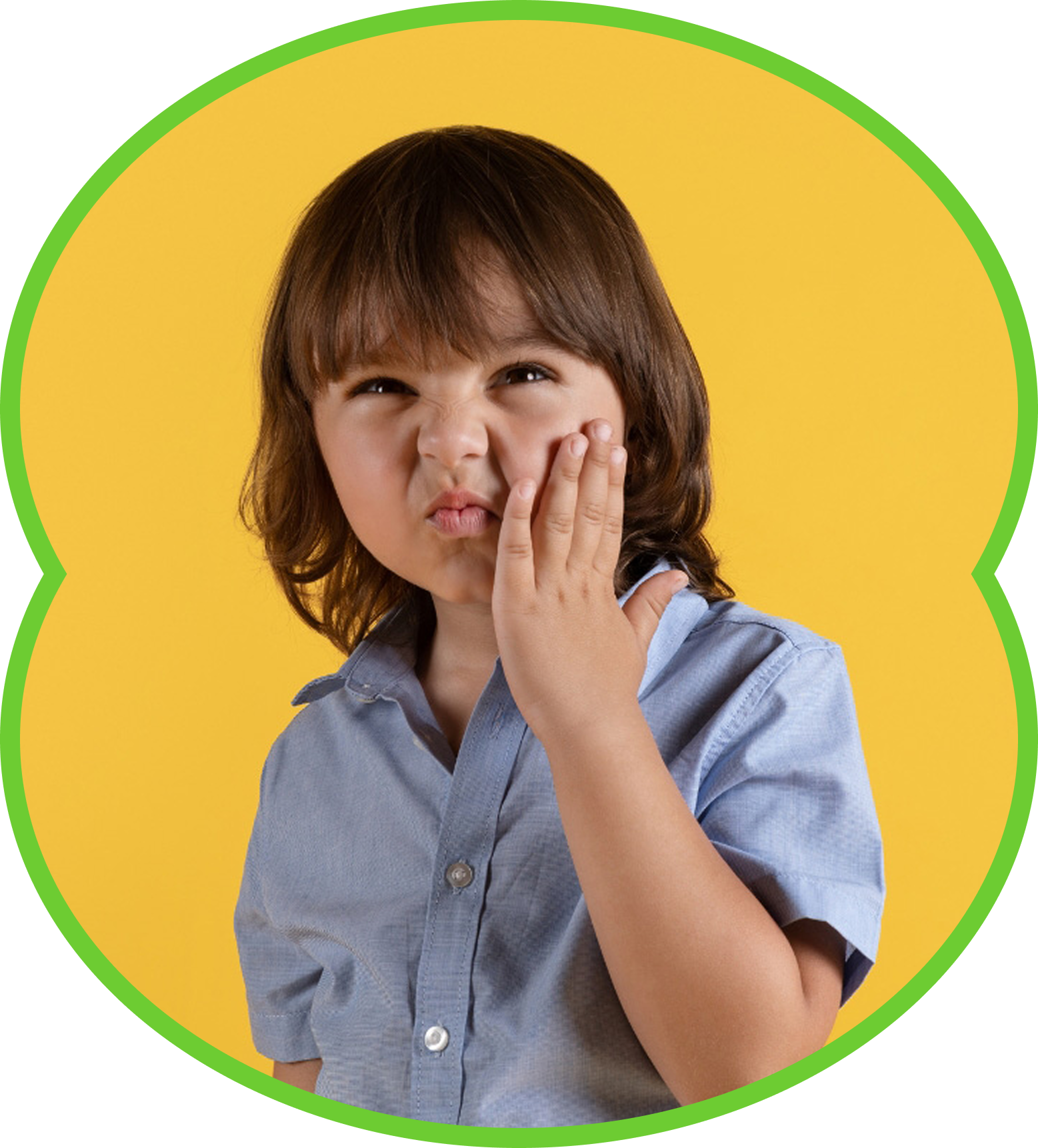 Smiling person; close-up on mouth, showing imperfect teeth and pink gums.