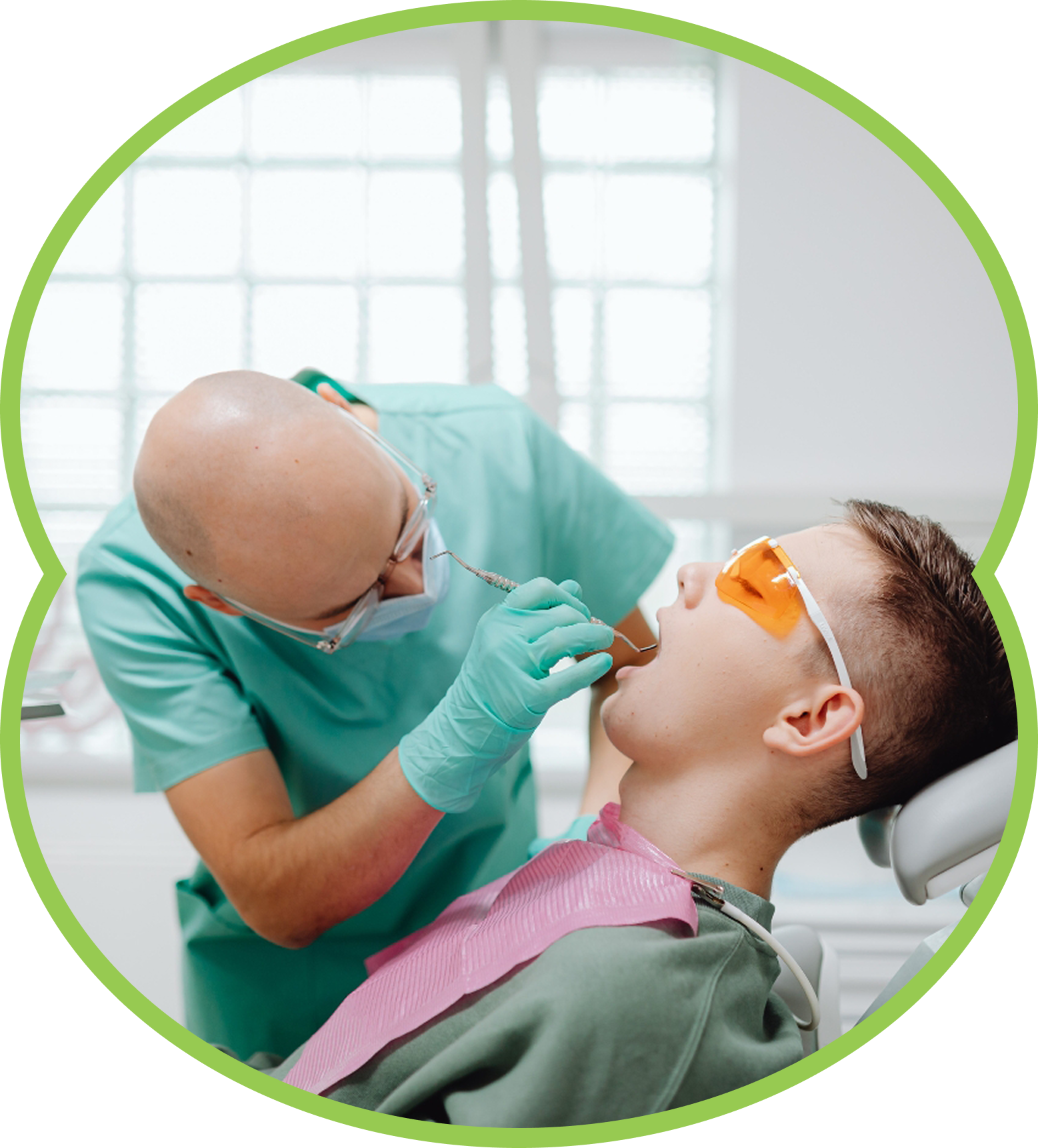 Girl at dentist, mouth open, receiving dental check-up with tools, blue gloves, white coat, close-up.
