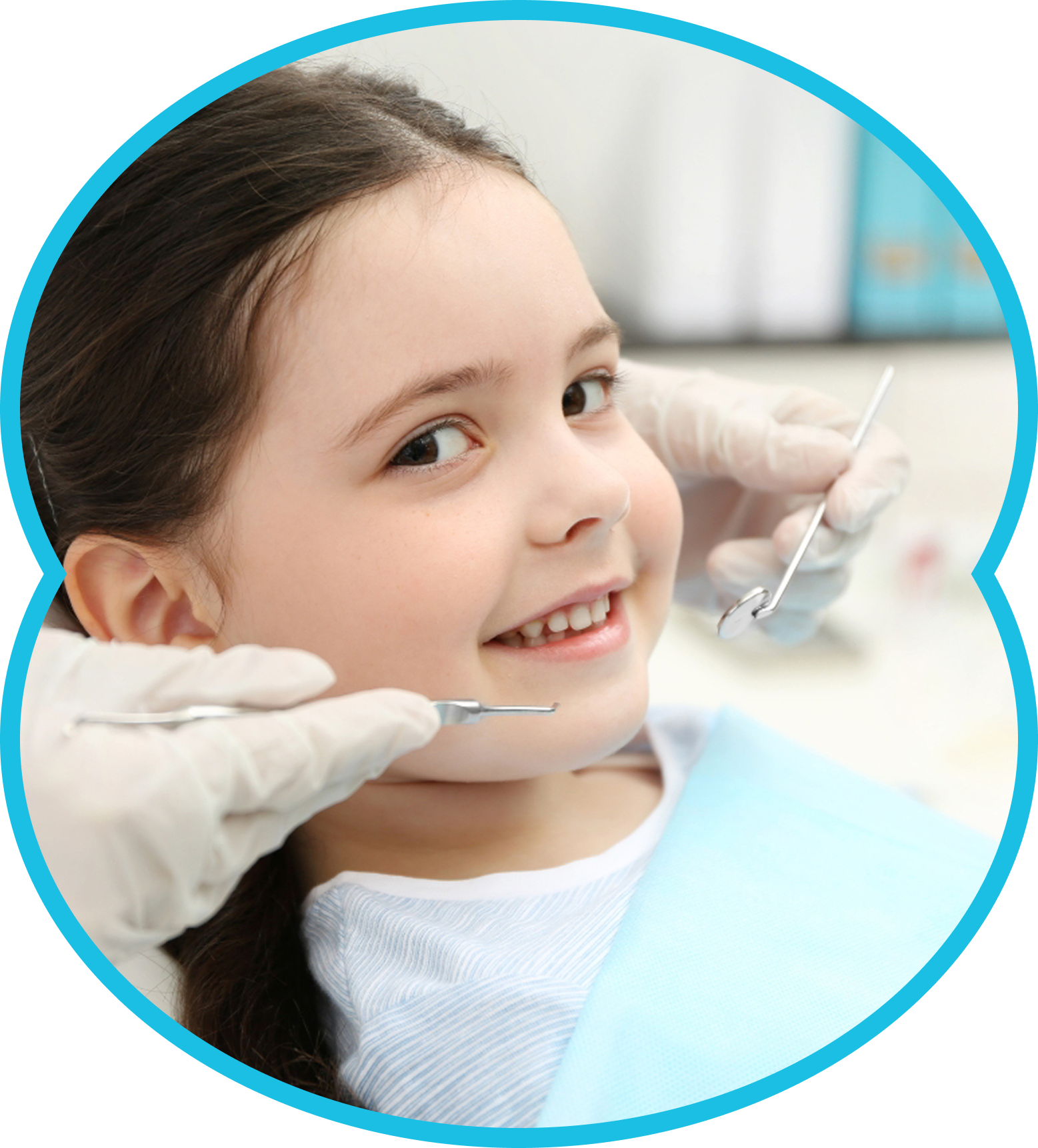Child in a dentist's chair, mouth open, receiving dental work; blue setting.