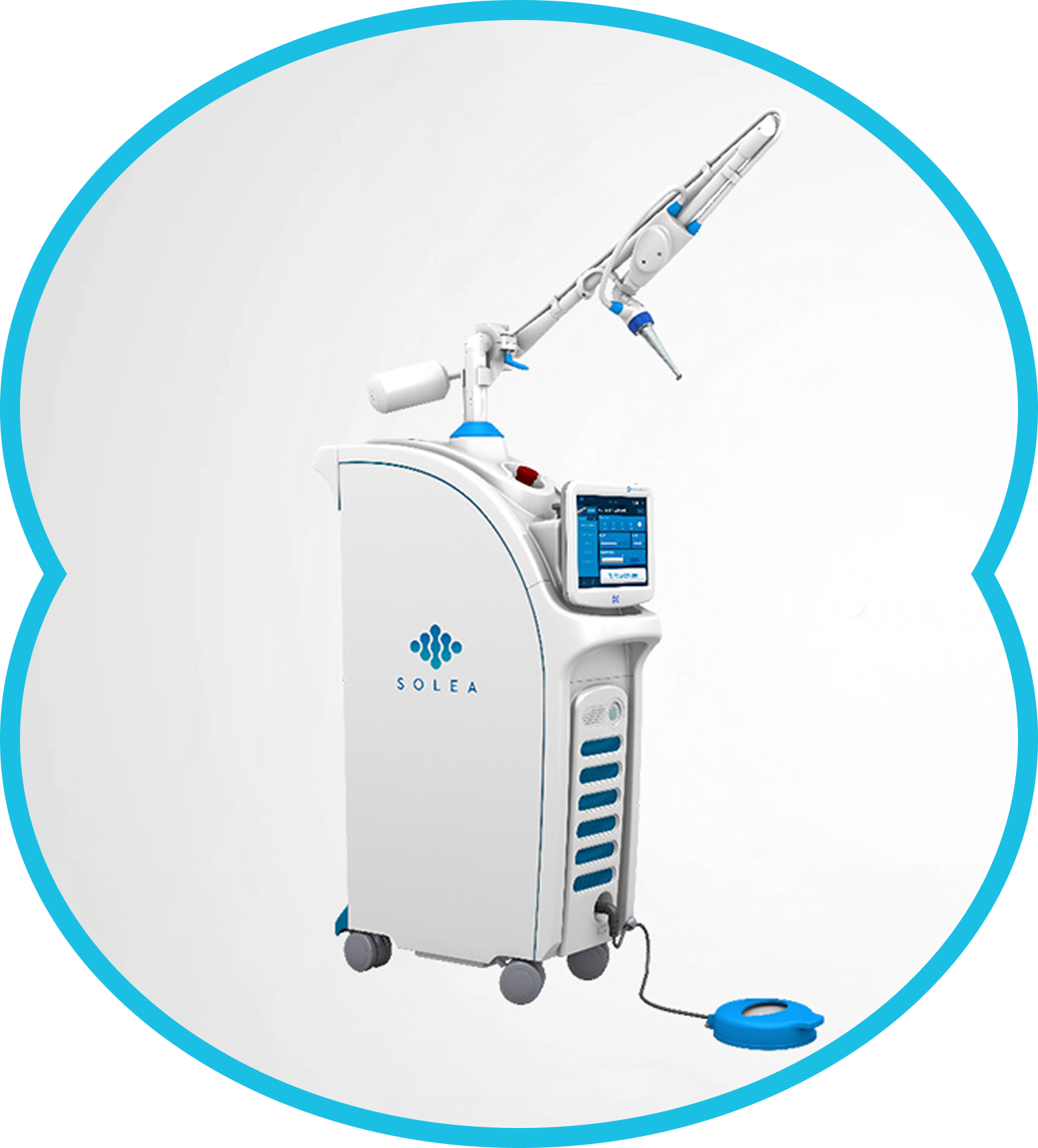 Medical laser device with articulated arm and touchscreen display, on wheels.