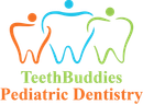 TeethBuddies Pediatric Dentistry logo with three colorful smiling tooth figures and green/orange text
