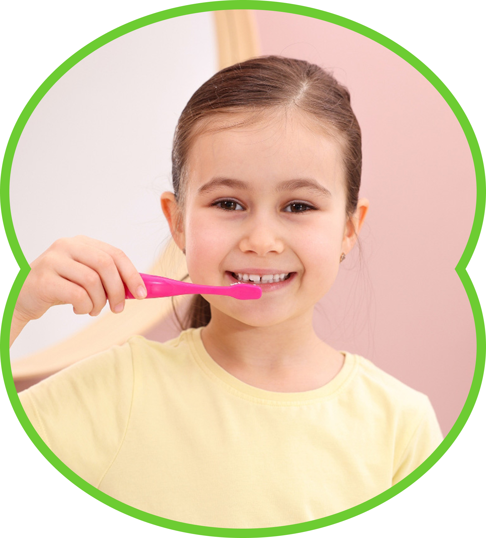 Girl brushing her teeth with a pink toothbrush, smiling in a room.