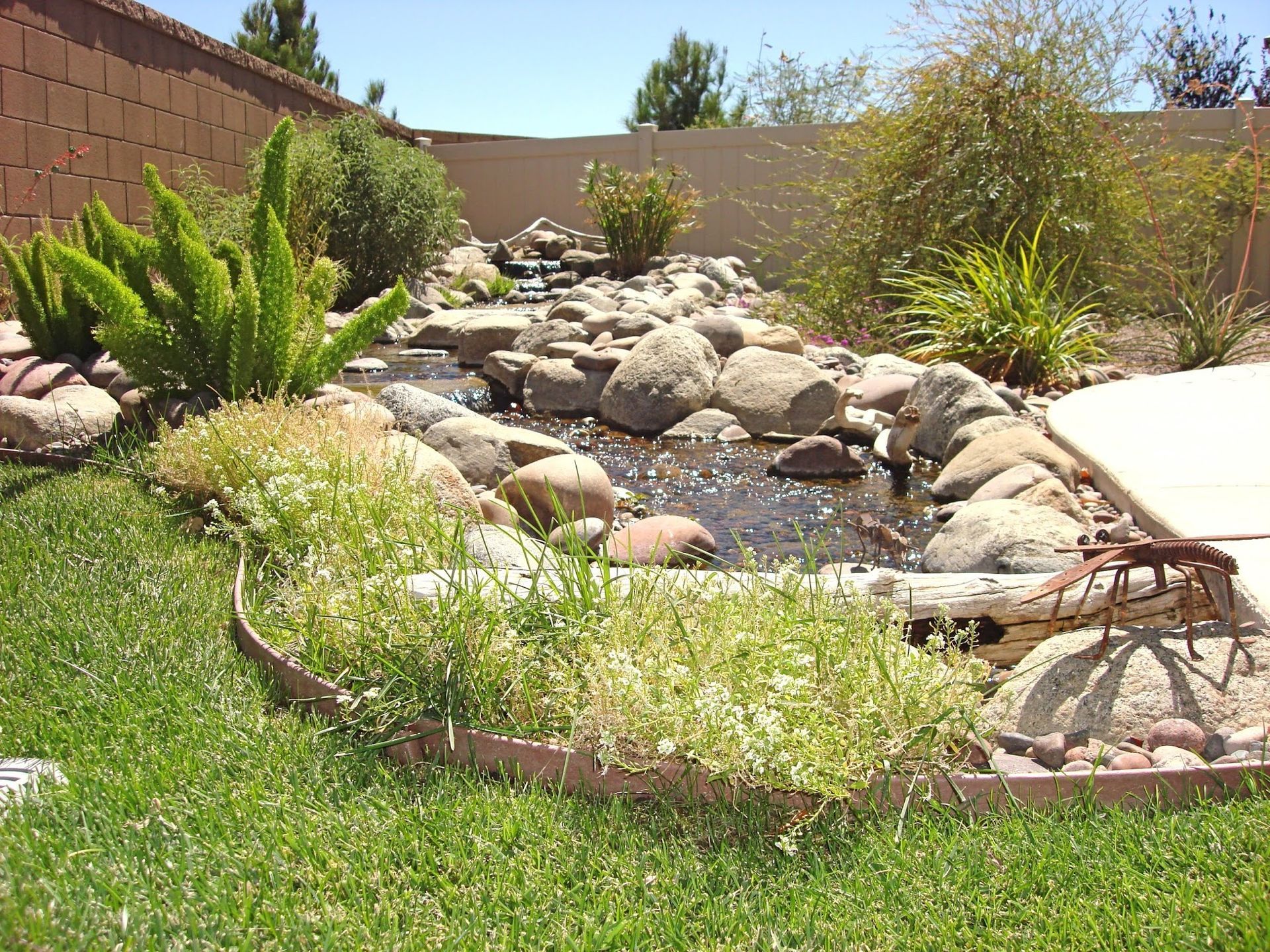 Backyard pond with rocks, greenery, and small waterfall under a clear blue sky.