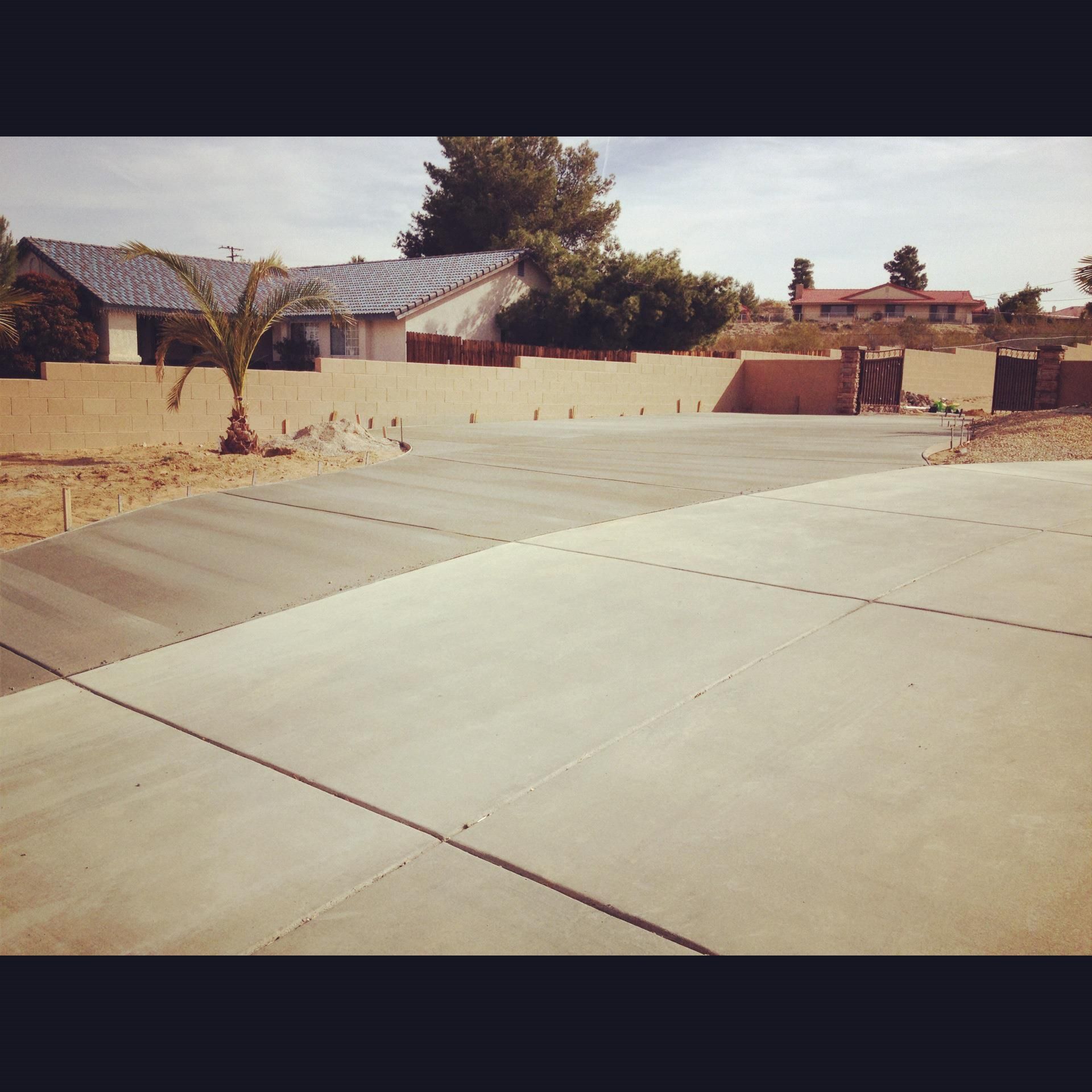 Newly poured concrete driveway with a palm tree, adjacent to a wall and houses under a partly cloudy sky.