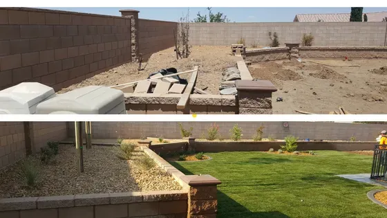 Before and after photos of a backyard. Top shows dirt, retaining walls, and supplies. Bottom shows green grass and plants.