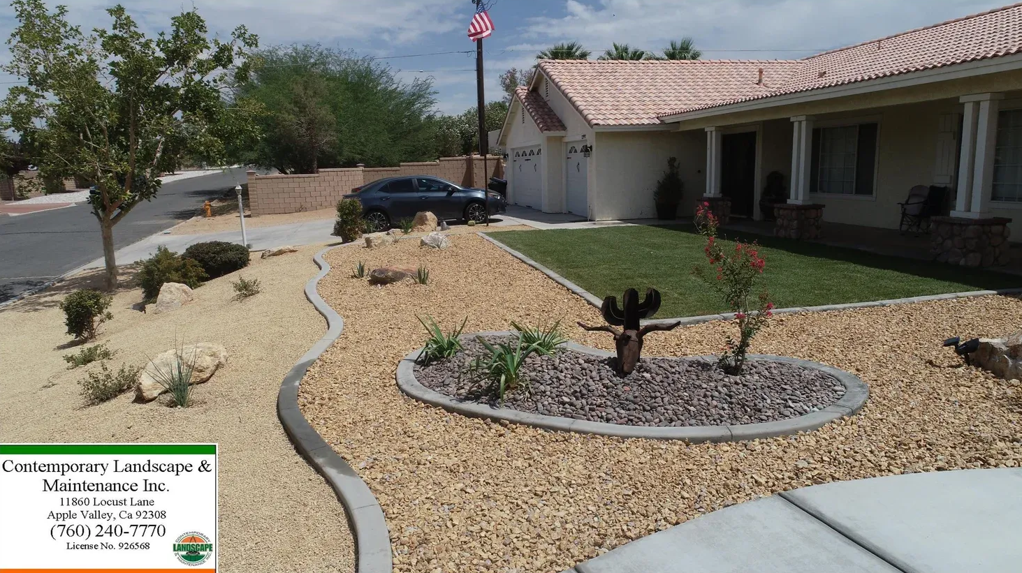 Front yard landscaping with gravel, plants, a house, and a car.