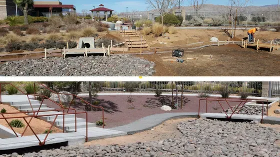 Top: Before view of park construction with wooden structures, dirt, and rocks.