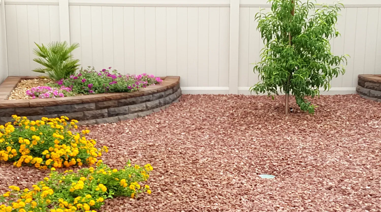 Landscaped backyard with flower beds, mulch, and a tree against a white fence.