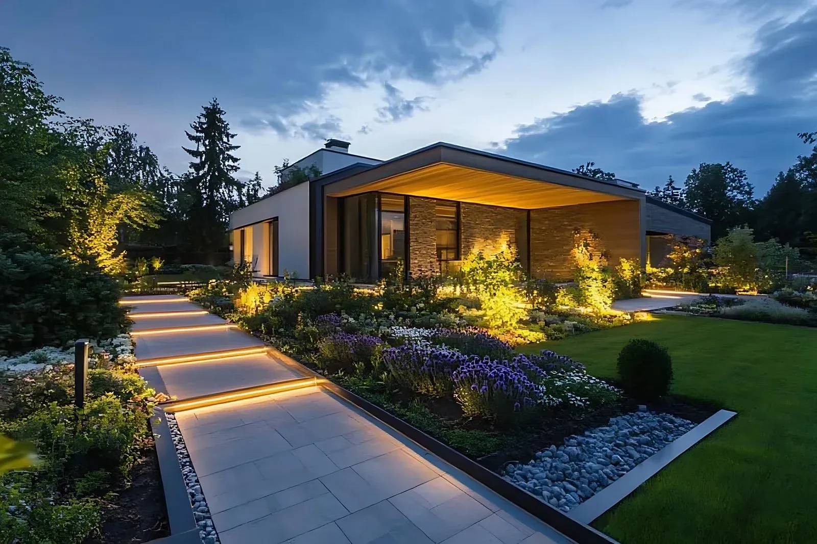 Backyard landscape with lighting, retaining wall, and green turf at dusk.