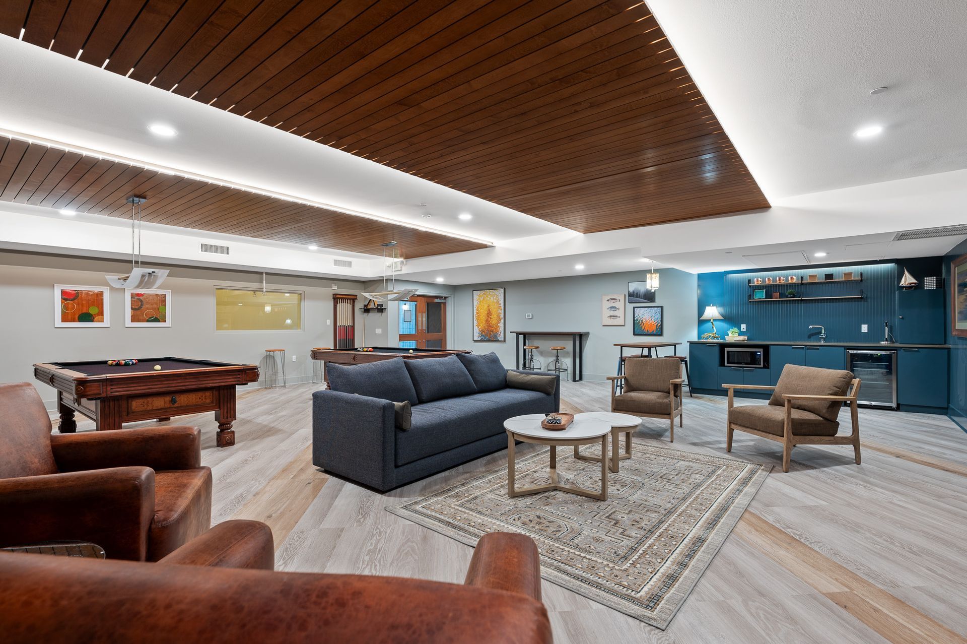 Photo of the couch and lounge area of the billiard room