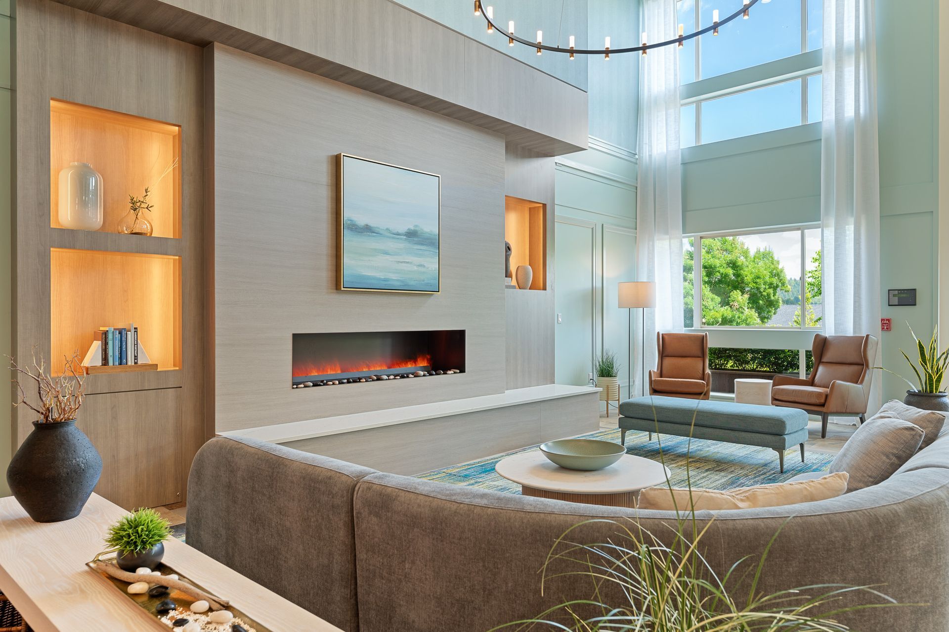 Photo of the curched l-shaped couch in the lobby