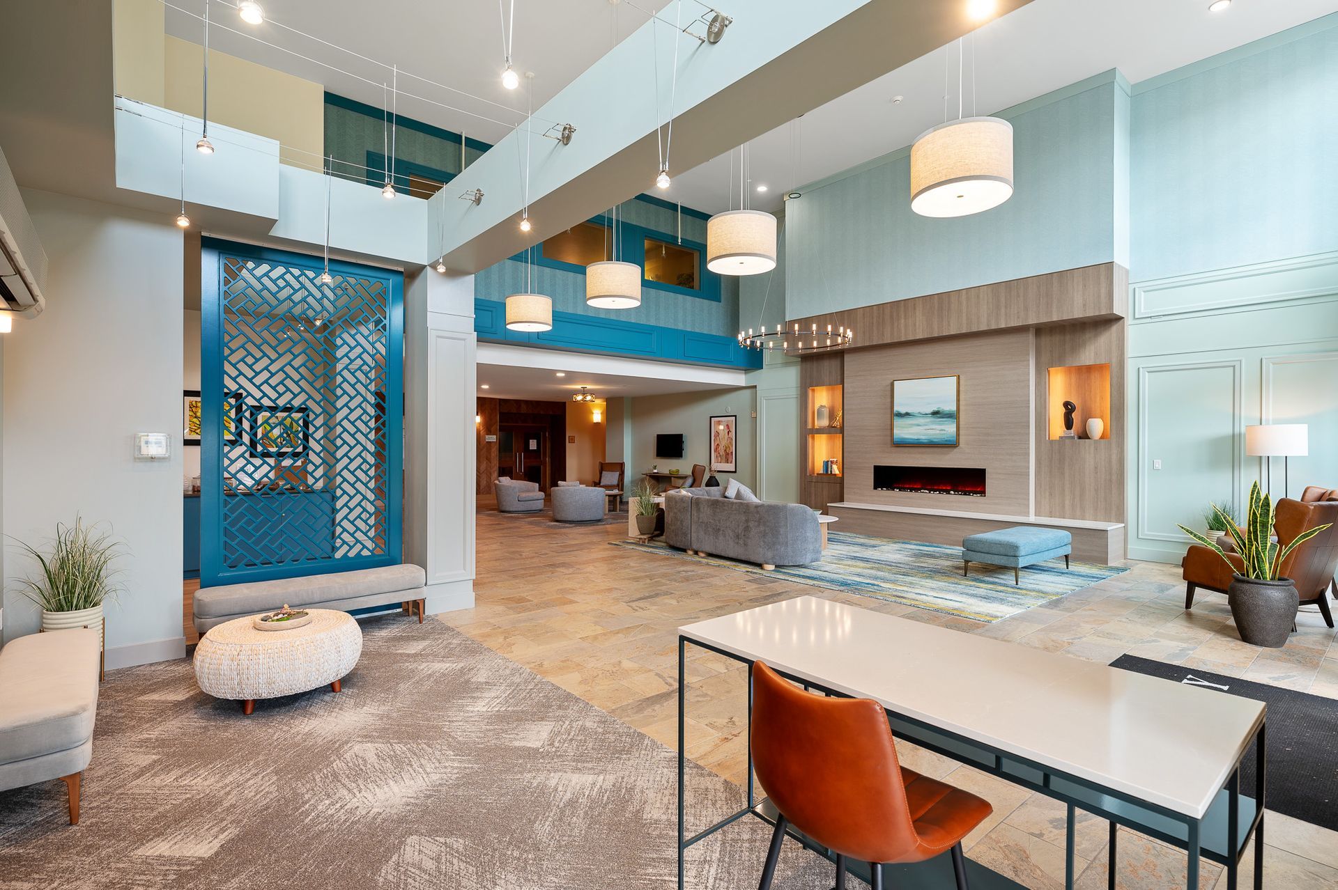 Photo of a desk in the lobby, with the other seats in the background
