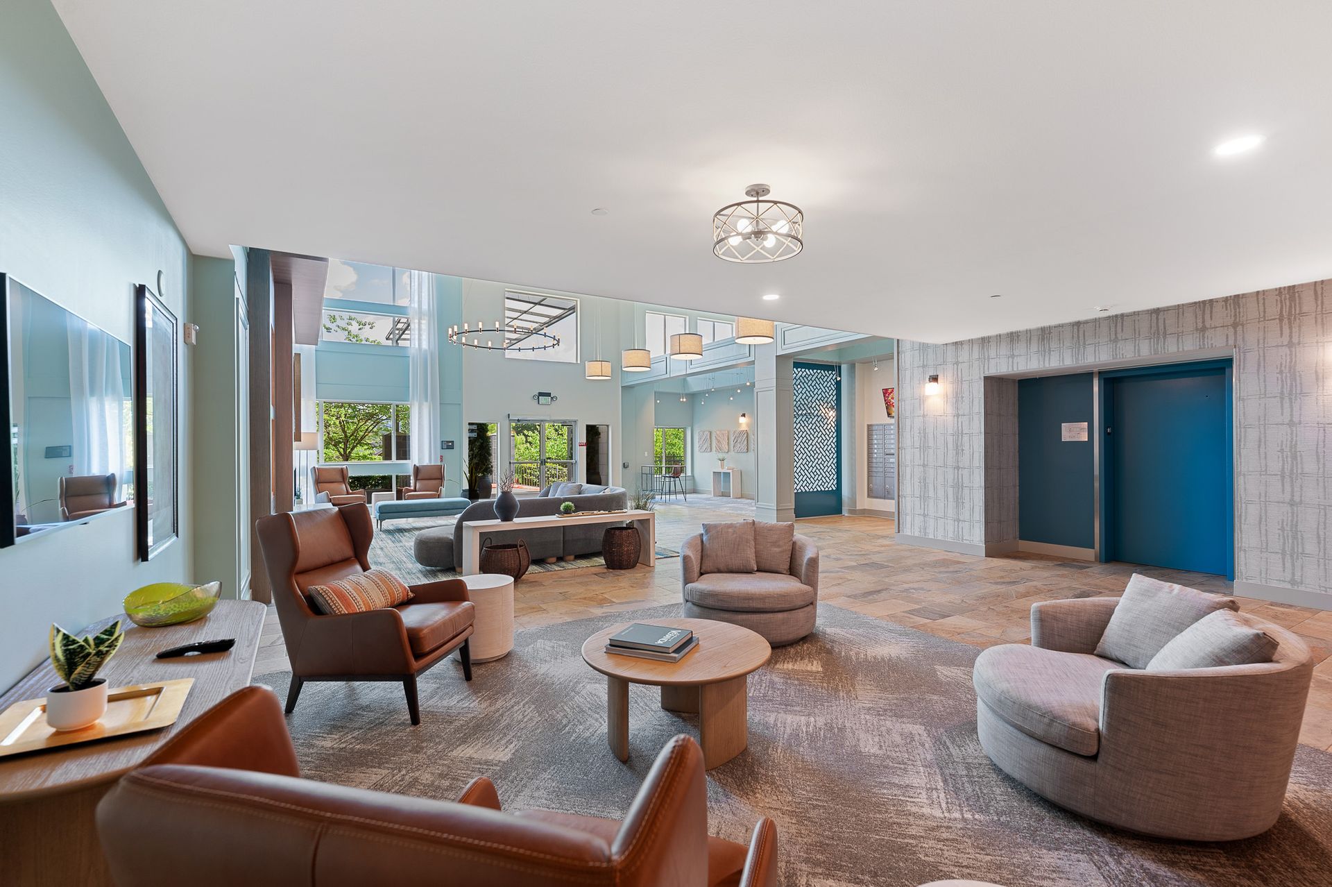 Photo of the lobby, showing various places to sit