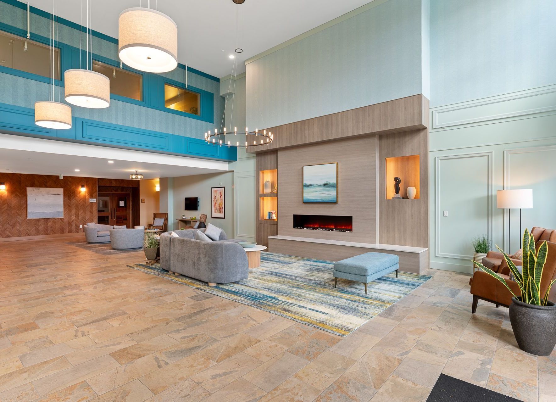 Photo of the lobby, showing a few seating areas