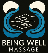 Logo: Hands within blue curved shapes, white ovals, and "Being Well Massage" text.