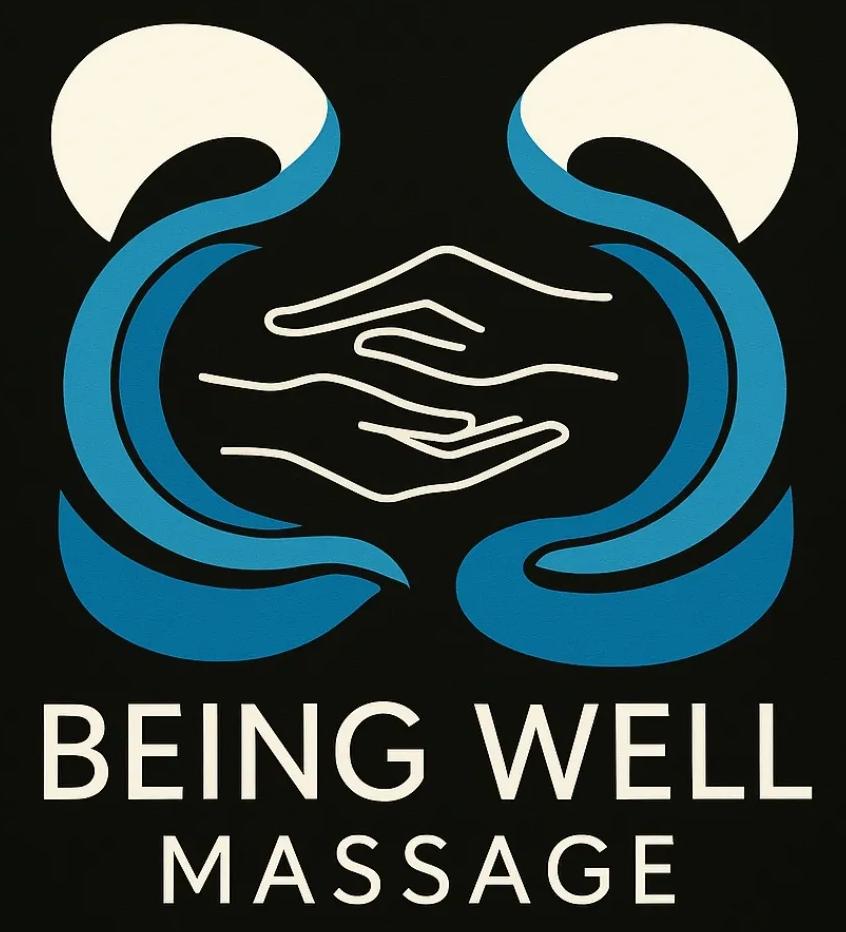Logo: Hands within blue curved shapes, white ovals, and "Being Well Massage" text.