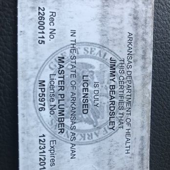 Arkansas Department of Health license for Jimmy Beardsley, a Master Plumber. License number is MP5976, expiring 12/31/2019.