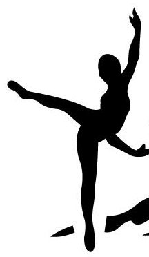 A silhouette of a ballerina standing on one leg on a white background.