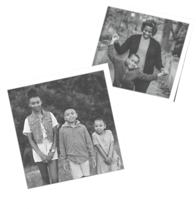 A black and white photo of a family with two children.
