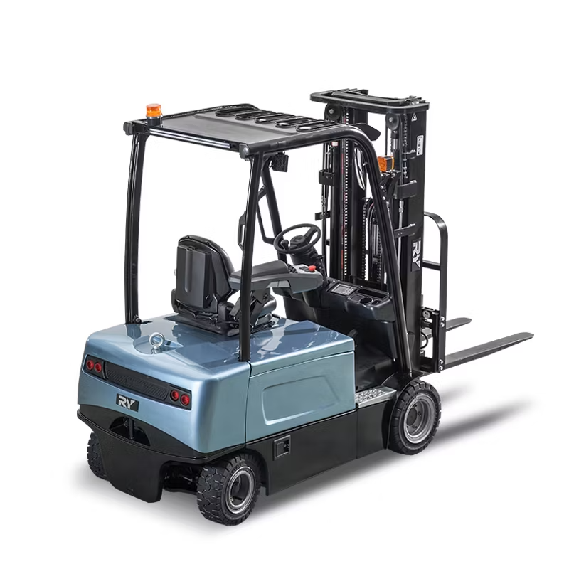 Una carretilla elevadora azul está sentada sobre una superficie blanca.