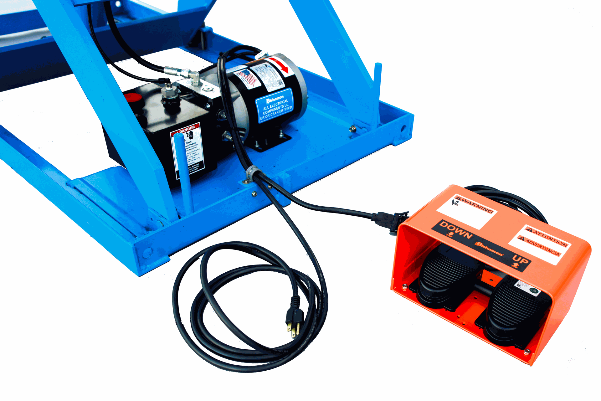 Un ascensor azul con un motor conectado a él.