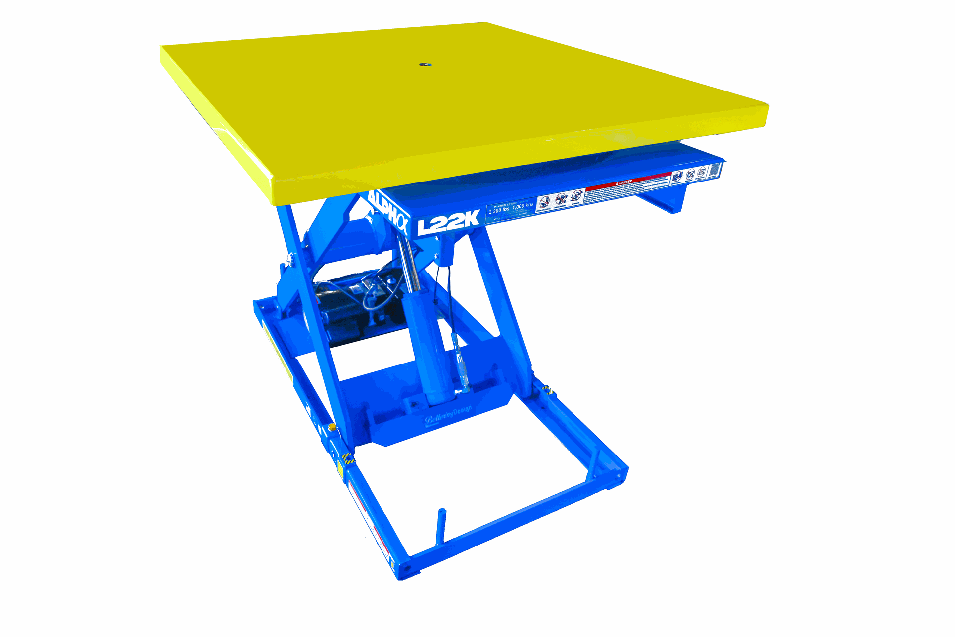 Una mesa azul y amarilla con un tablero amarillo sobre un fondo blanco.