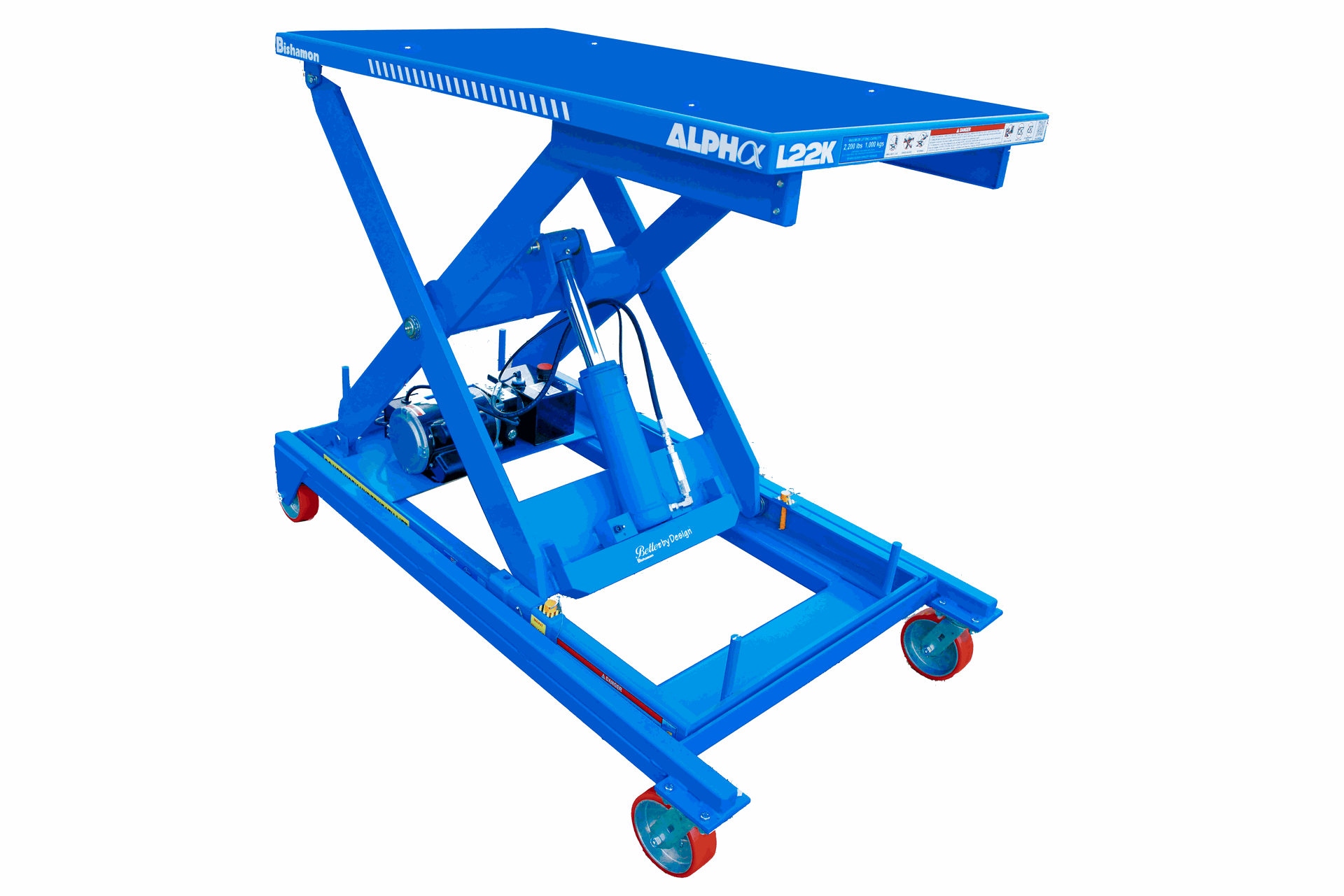 Una mesa elevadora de tijera azul con ruedas sobre un fondo blanco.