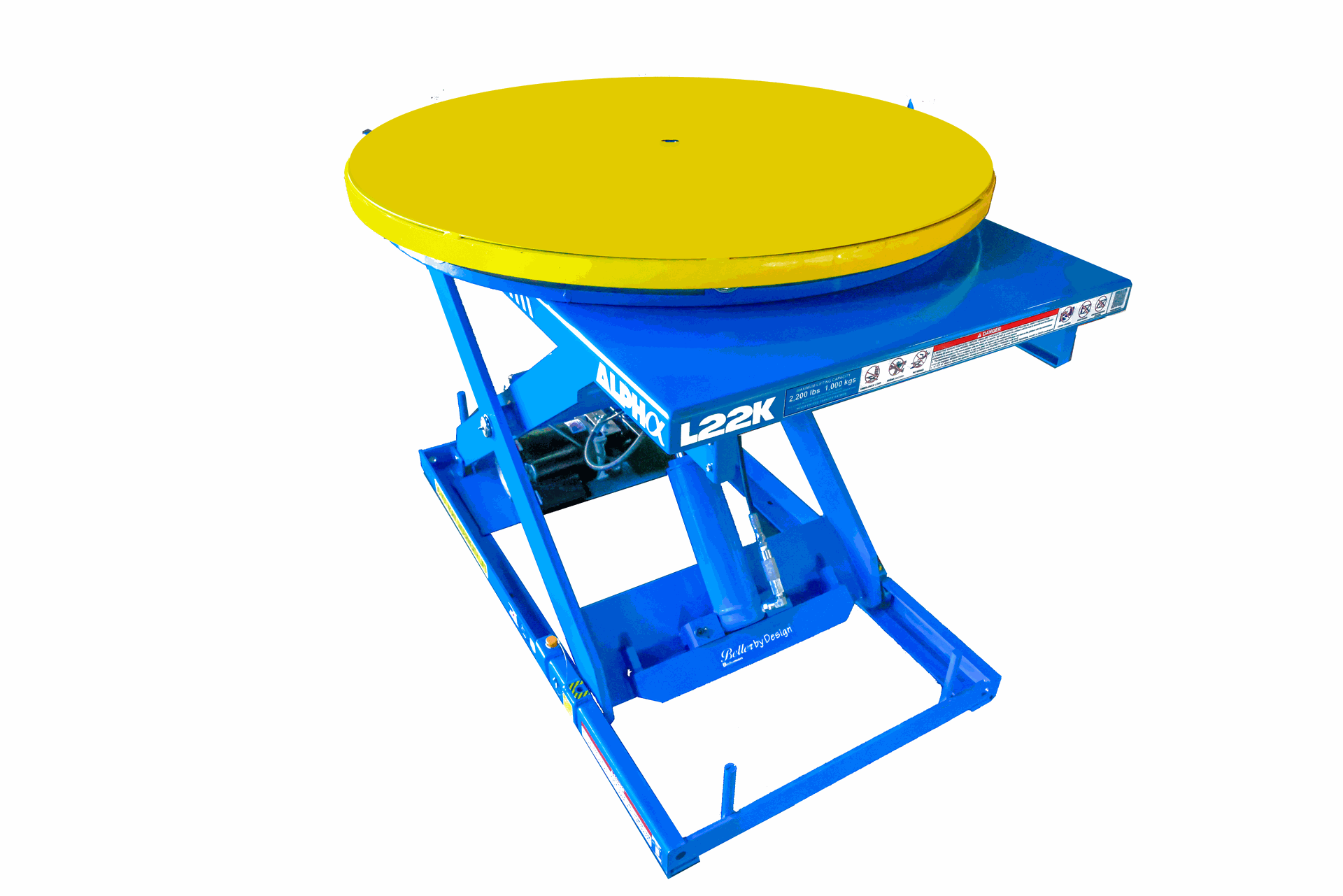 Una mesa azul y amarilla con un tablero amarillo sobre un fondo blanco.