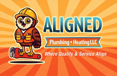 Cartoon plumber mascot with &ldquo;ALIGNED Plumbing + Heating LLC&rdquo; on an orange sunburst background