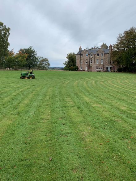 Gardener uses rotary mower on lawn of commercial property