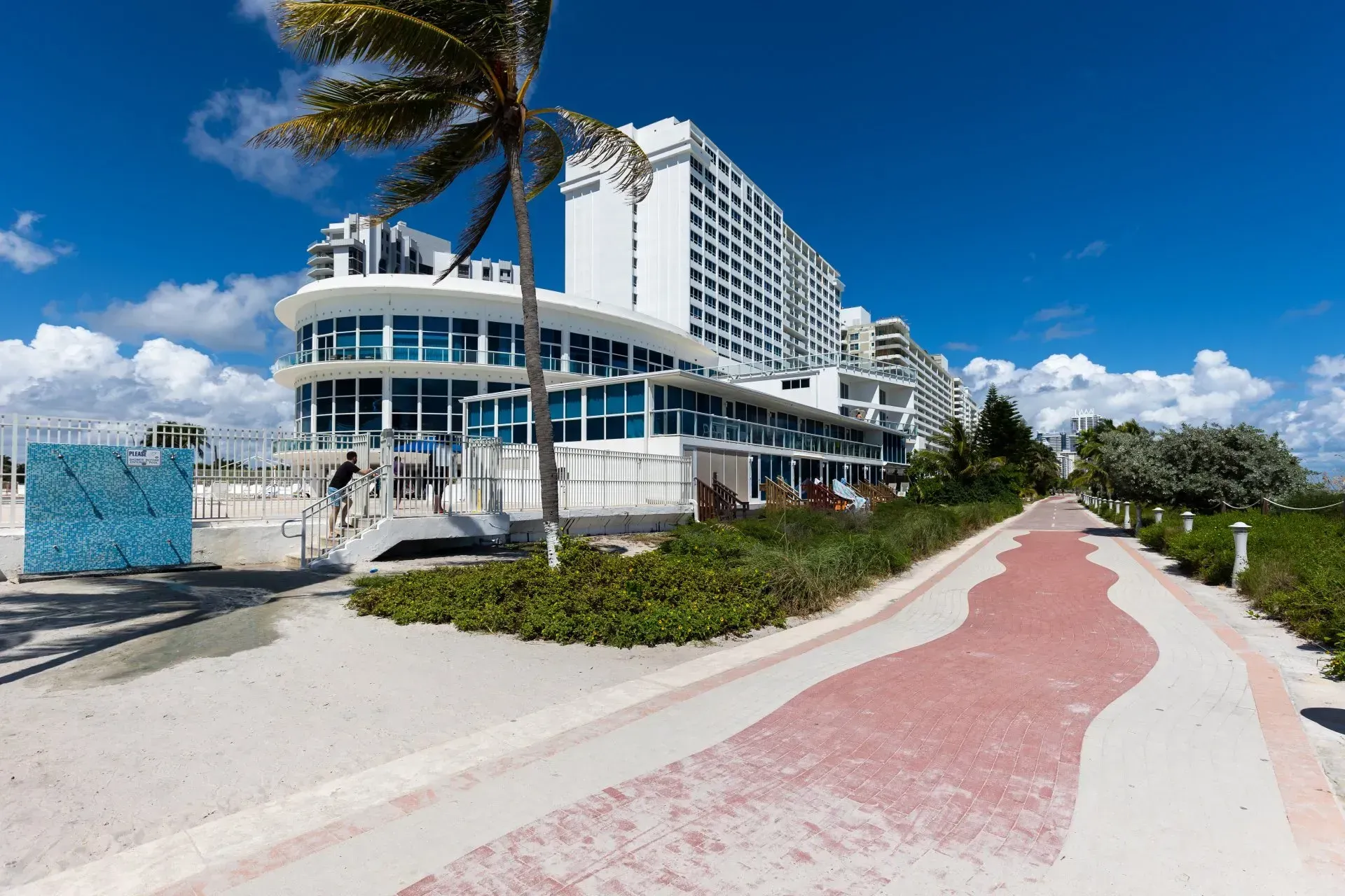 Beachfront hotel with palm trees and a red walkway under a blue sky