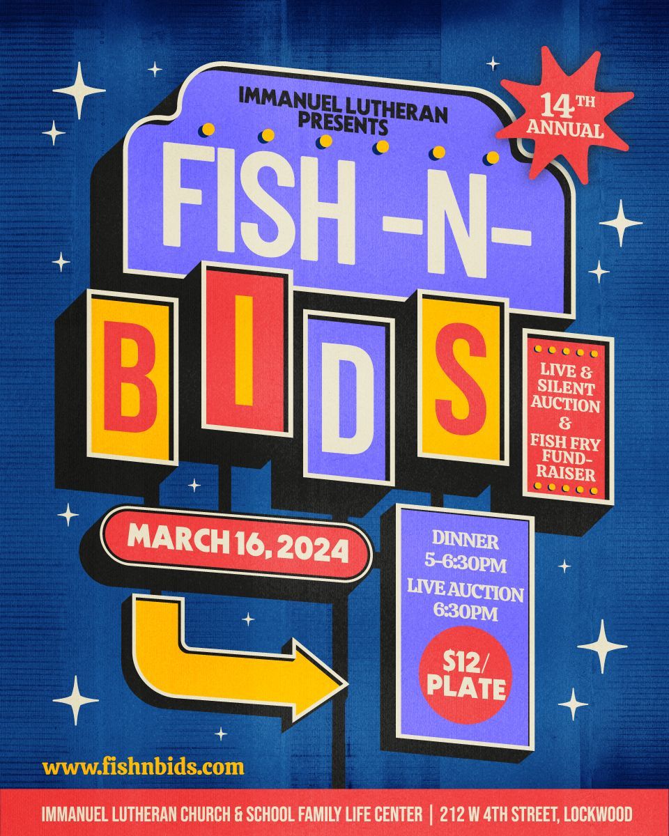 a poster for fish-n-bids on march 16th 2024