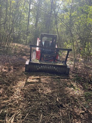 A small orange mulcher clearing brush in a wooded area. The ground is covered in wood chips and leaves.