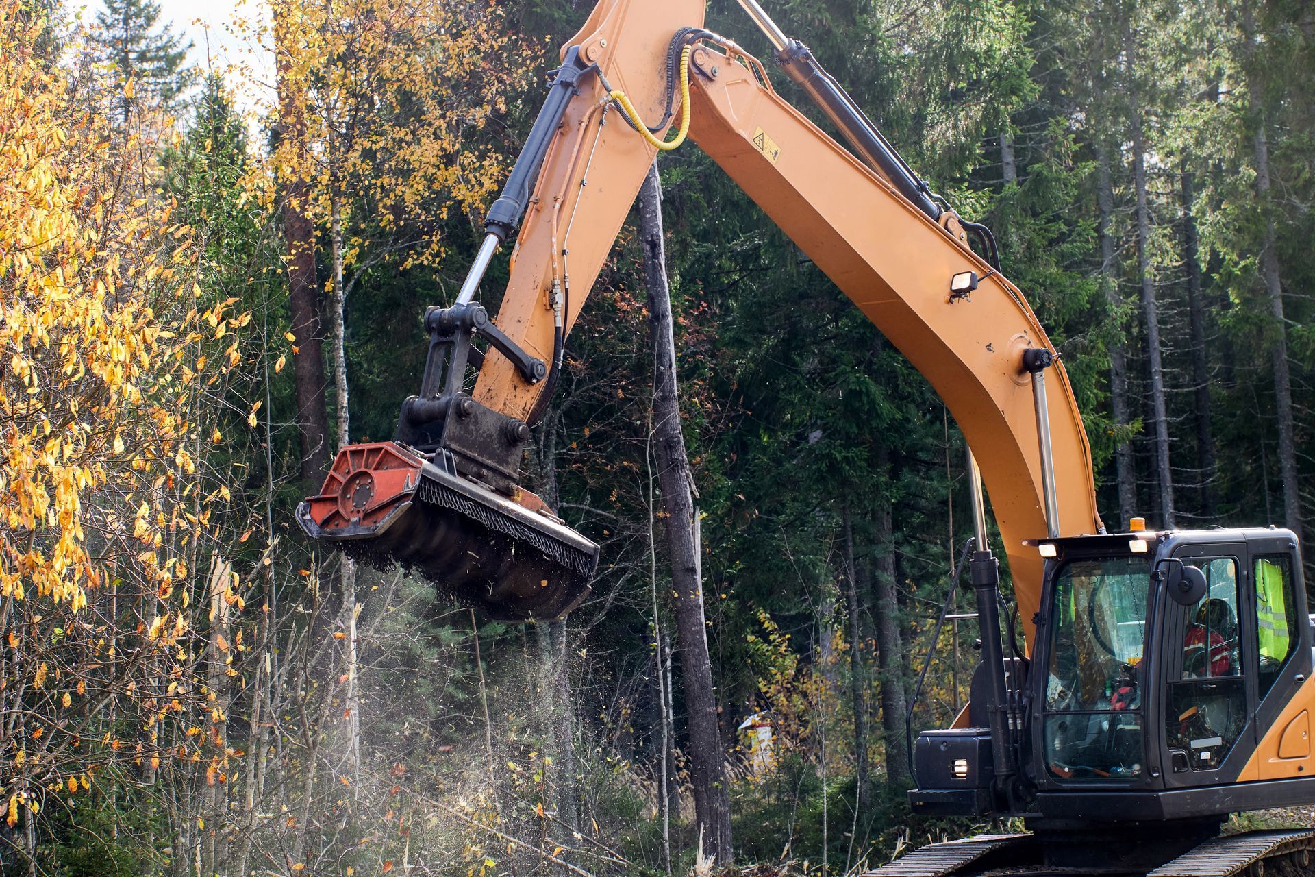 A large orange excavator with a forestry mulcher cutting down trees in a wooded area.