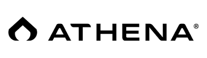 The athena logo is black and white and looks like a flame.