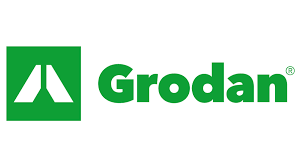 A green and white logo for grodan on a white background.