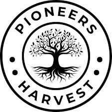 The logo for pioneers harvest shows a tree with roots in a circle.