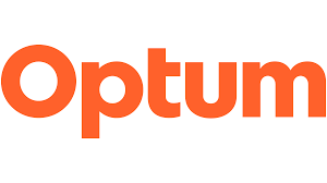 The logo for optum is orange and white on a white background