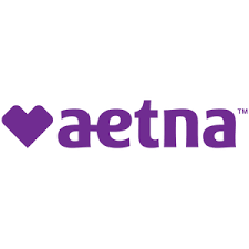 The aetna logo is purple with a heart in the middle.