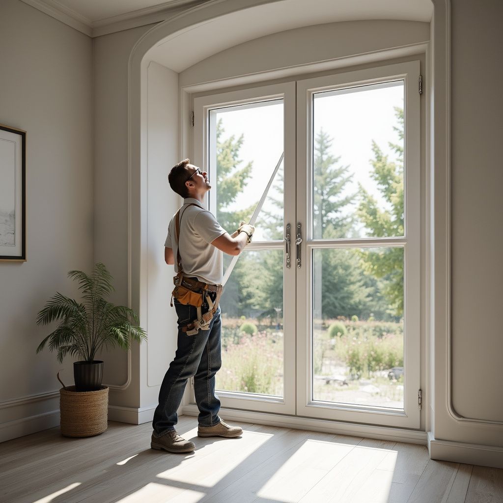 Uomo che pulisce una finestra con un tergivetro, guardando in alto, in una stanza luminosa con vista sugli alberi.