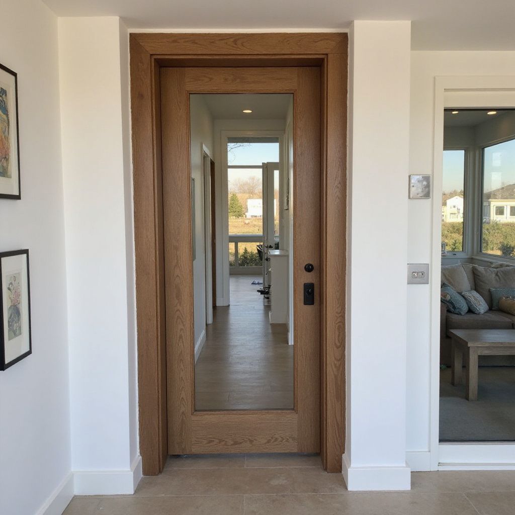 Porta in legno con pannello in vetro in un corridoio luminoso. Maniglia e telaio neri.