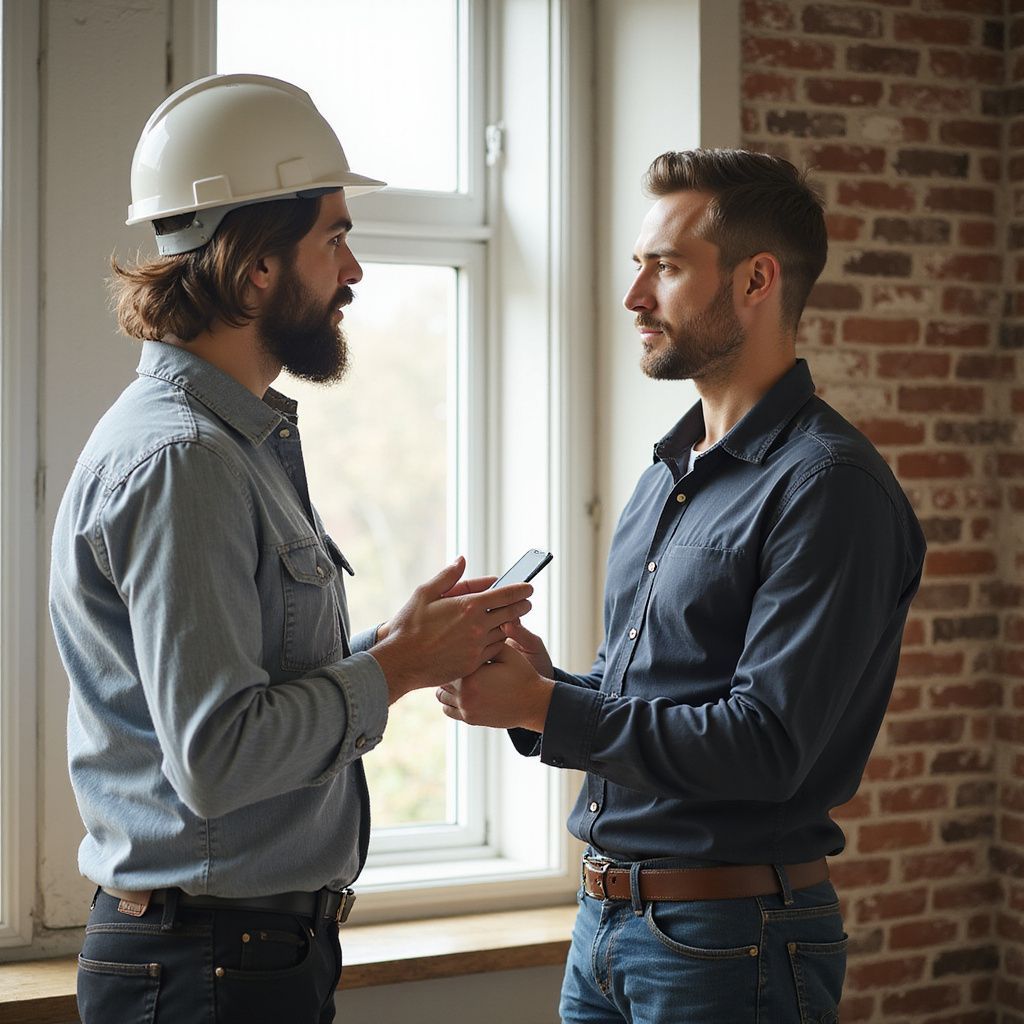 Un operaio edile con un casco si consulta con un uomo che tiene in mano un tablet, vicino a una finestra e a un muro di mattoni.