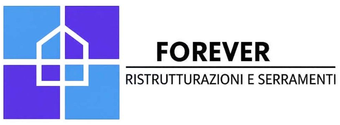 Logo blu e nero con la sagoma di una casa all'interno di una "F", il testo recita "Forever Ristrutturazioni e Serramenti".