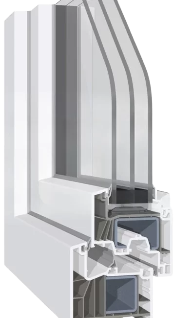 Vista in sezione del telaio di una finestra in vinile bianco con triplo vetro, che mette in risalto l'isolamento e la costruzione.