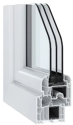 Sezione trasversale di un telaio di finestra bianco a più vetri, che ne mostra la struttura con tre lastre di vetro.