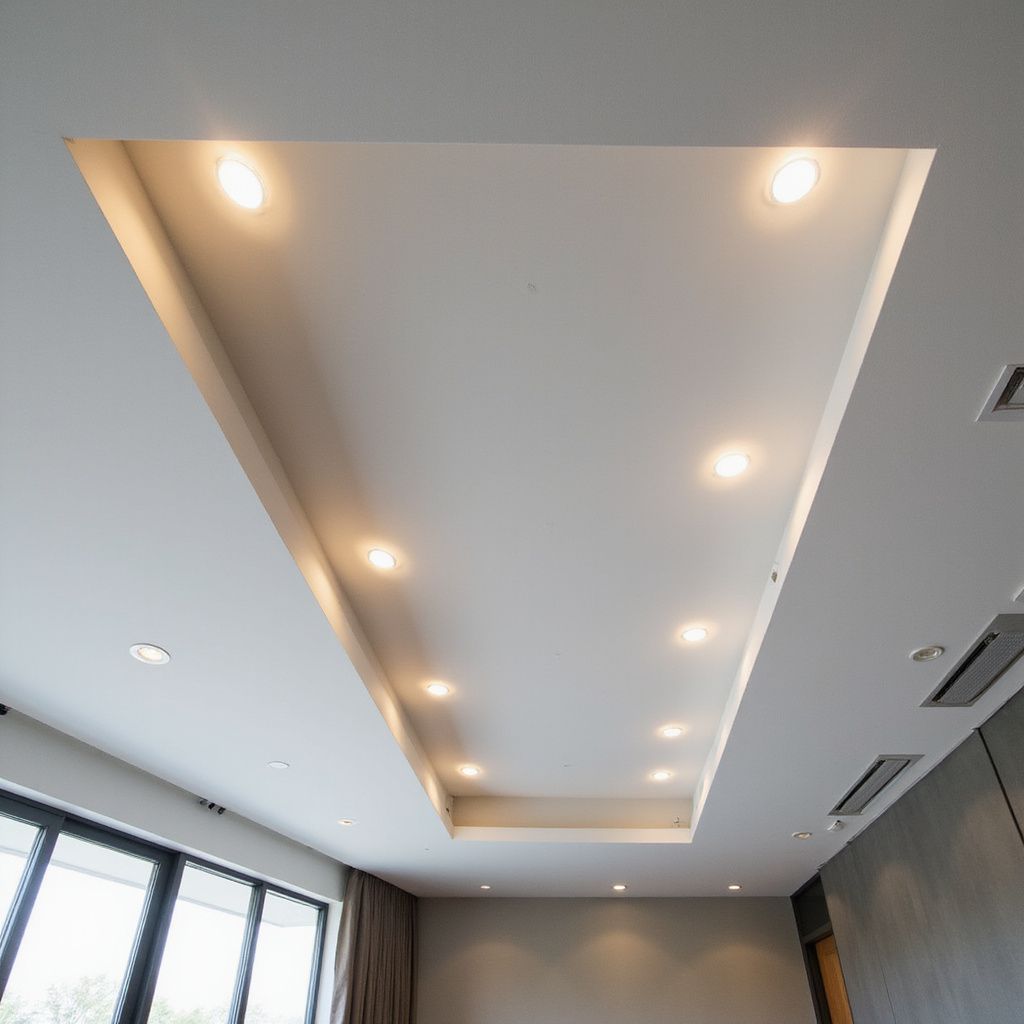 Controsoffitto bianco con illuminazione da incasso, sezione rettangolare incassata.