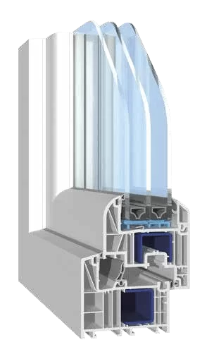 Vista in sezione trasversale di una finestra bianca a doppio vetro che mostra gli strati del telaio e del vetro.