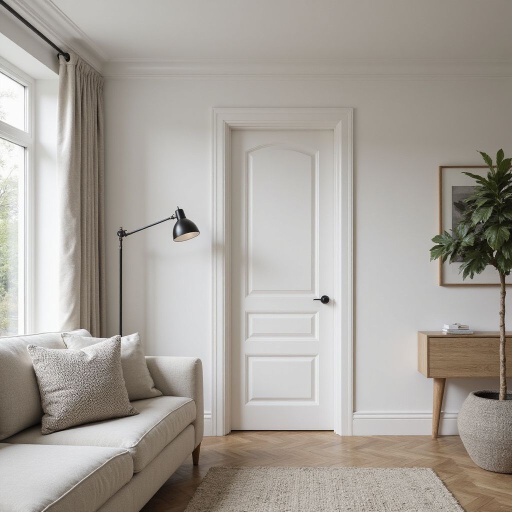 Una porta interna bianca con ferramenta nera, affiancata da una finestra e un divano, con una pianta in una stanza dai toni neutri.