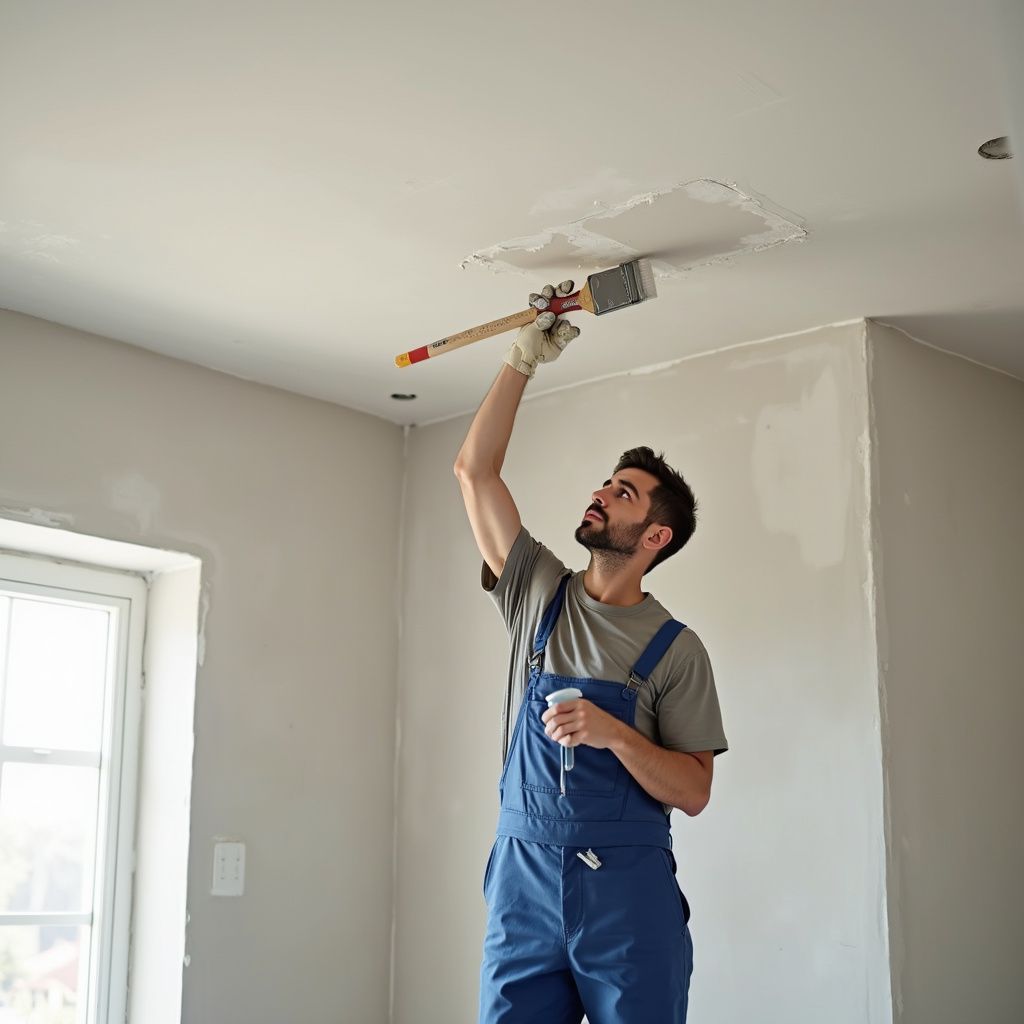 Un uomo in tuta blu ripara il soffitto con una spazzola.